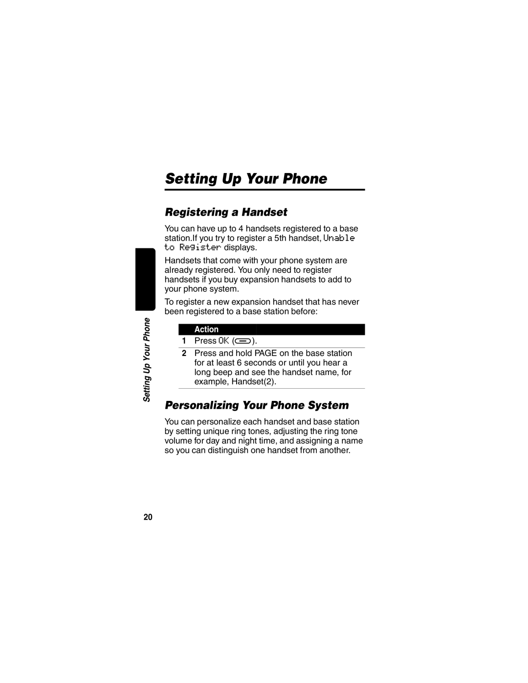 Motorola MD470 manual Setting Up Your Phone, Registering a Handset, Personalizing Your Phone System 