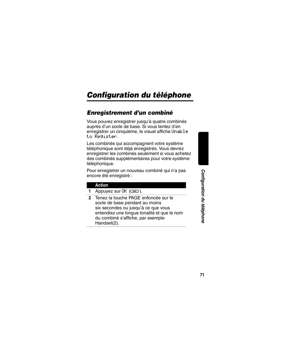 Motorola MD470 manual Configuration du téléphone, Enregistrement d’un combiné 