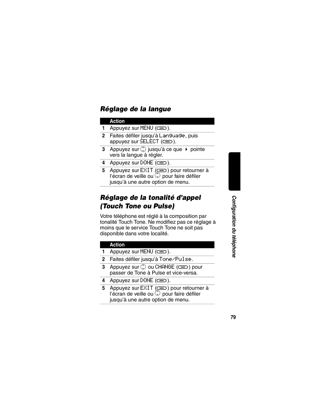Motorola MD470 manual Réglage de la langue, Réglage de la tonalité d’appel Touch Tone ou Pulse 