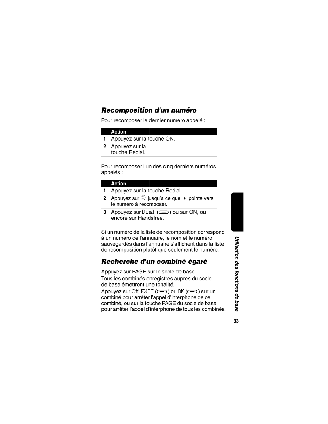 Motorola MD470 manual Recomposition dun numéro, Recherche d’un combiné égaré 