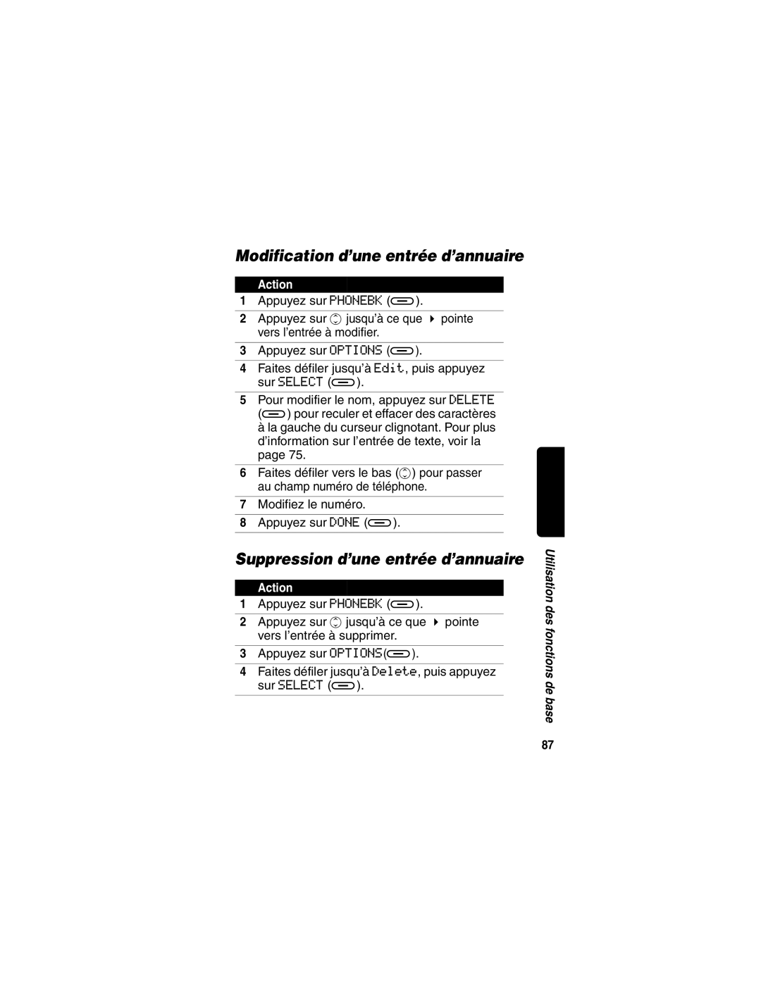 Motorola MD470 manual Modification d’une entrée d’annuaire, Suppression d’une entrée d’annuaire 