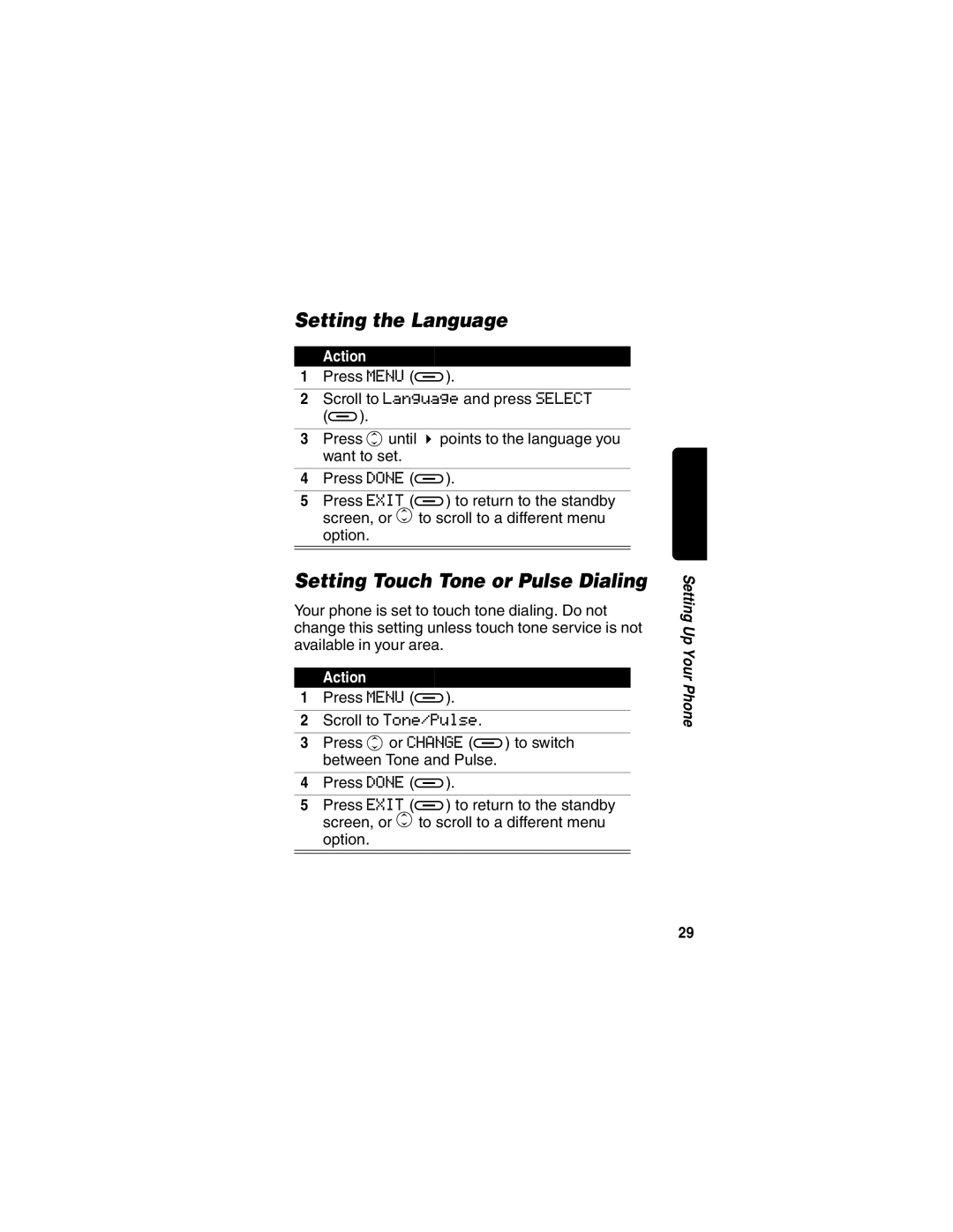 Motorola MD480 Series manual Setting the Language, Setting Touch Tone or Pulse Dialing 