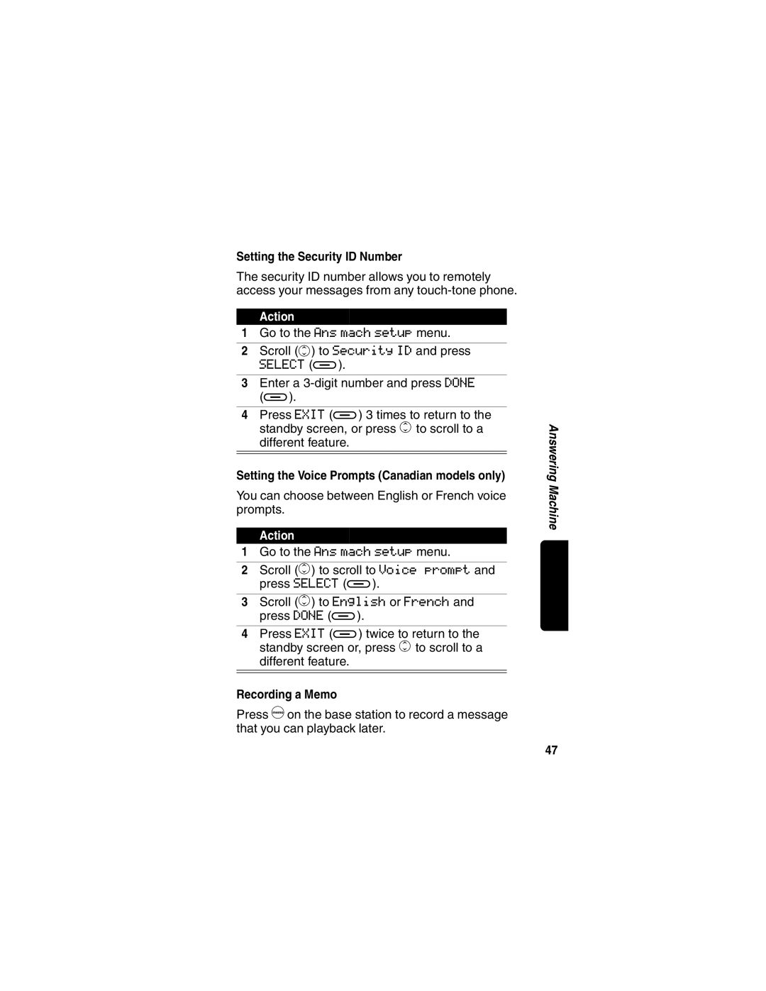 Motorola MD480 Series Setting the Security ID Number, Setting the Voice Prompts Canadian models only, Recording a Memo 