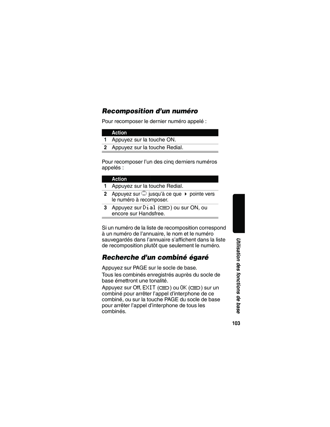 Motorola MD481 manual Recomposition d’un numéro, Recherche d’un combiné égaré, 103 