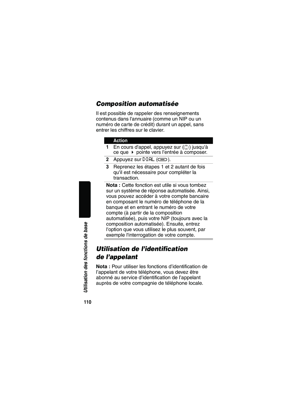 Motorola MD481 manual Composition automatisée, Utilisation de l’identification de l’appelant, 110 