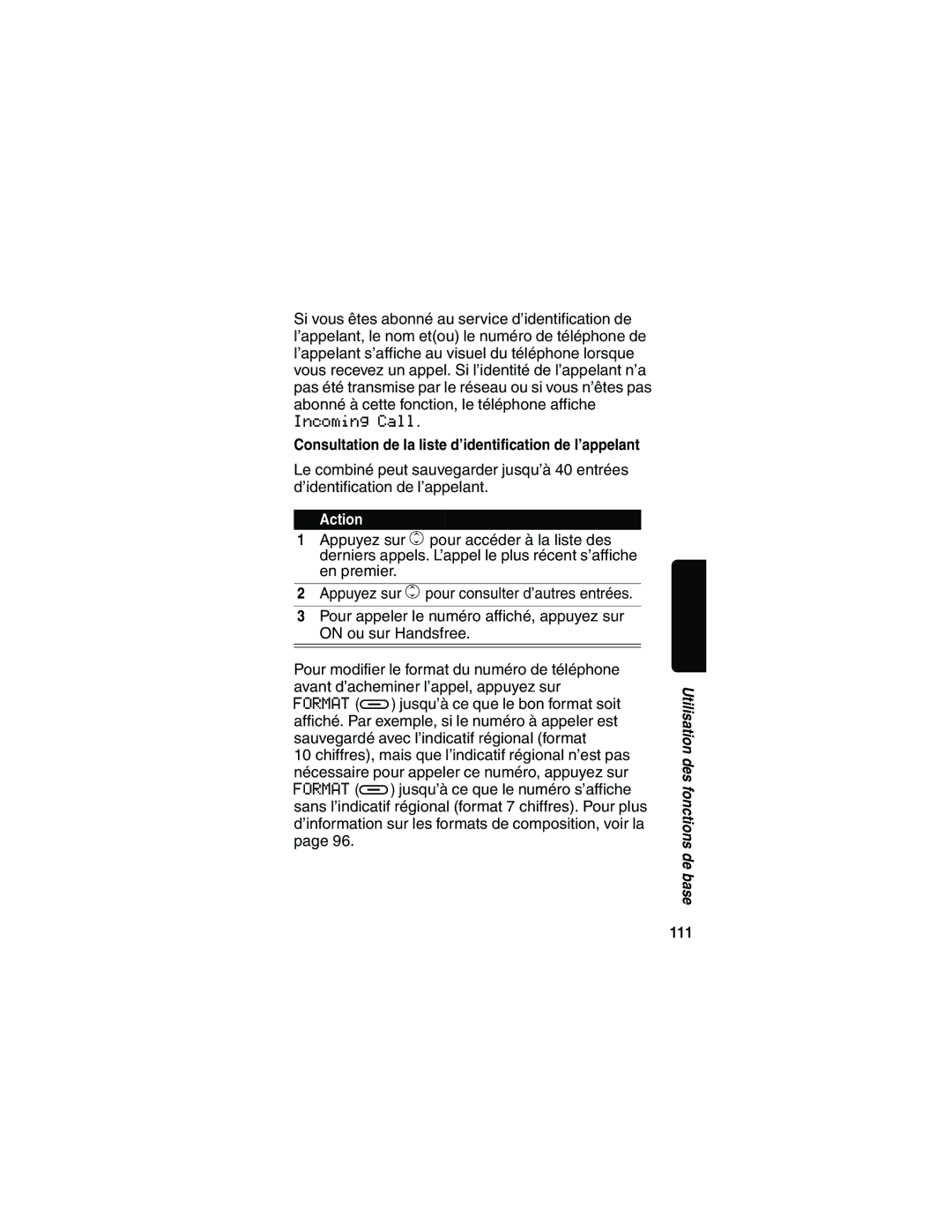 Motorola MD481 manual Consultation de la liste d’identification de l’appelant, 111 