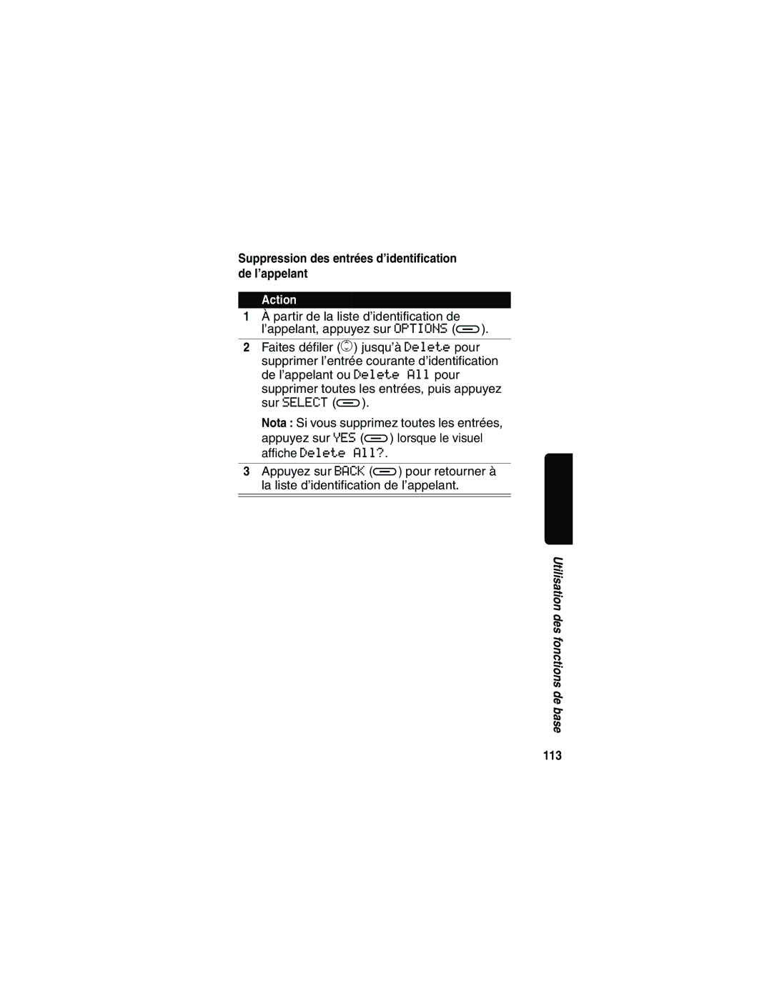 Motorola MD481 manual Suppression des entrées d’identification de l’appelant, 113 