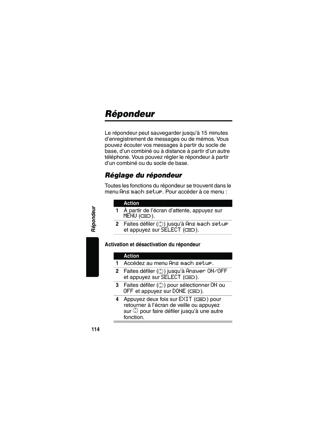 Motorola MD481 manual Répondeur, Réglage du répondeur, Activation et désactivation du répondeur, 114 