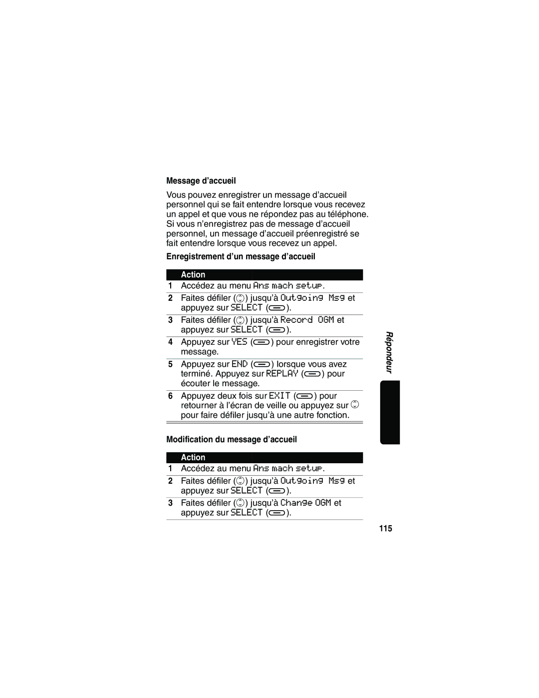 Motorola MD481 manual Message d’accueil, Enregistrement d’un message d’accueil, Modification du message d’accueil, 115 