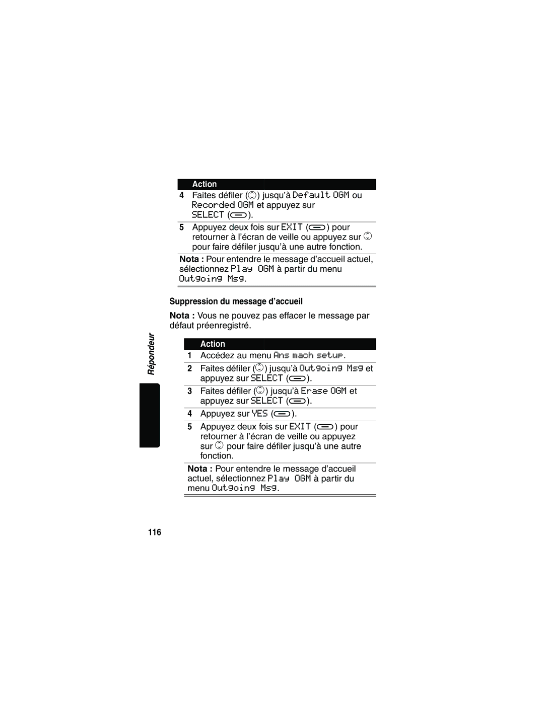 Motorola MD481 manual Suppression du message d’accueil, 116 