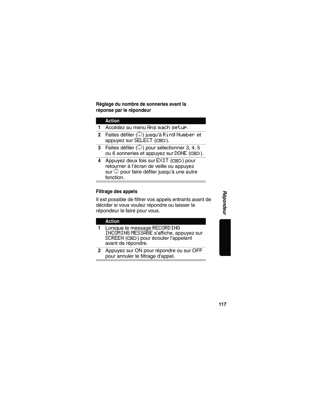 Motorola MD481 manual Filtrage des appels, 117 