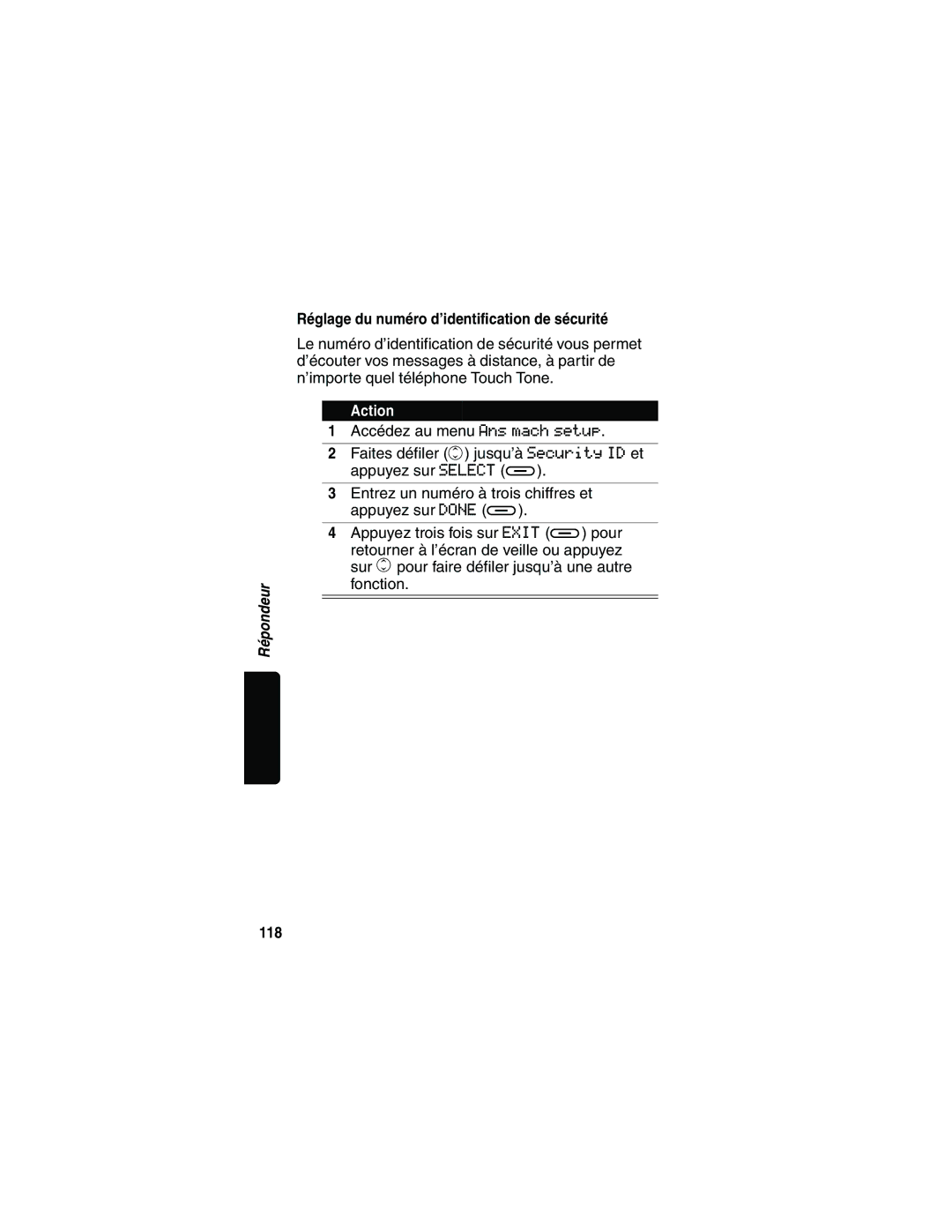 Motorola MD481 manual Réglage du numéro d’identification de sécurité, 118 