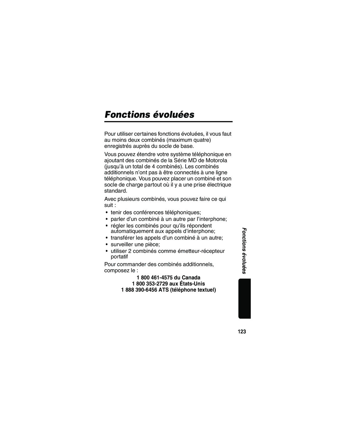 Motorola MD481 manual Fonctions évoluées, 123 