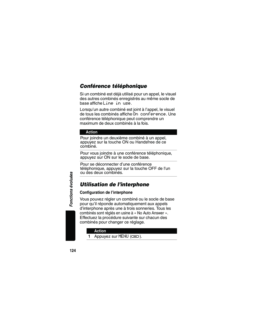 Motorola MD481 manual Conférence téléphonique, Utilisation de l’interphone, Configuration de l’interphone, 124 