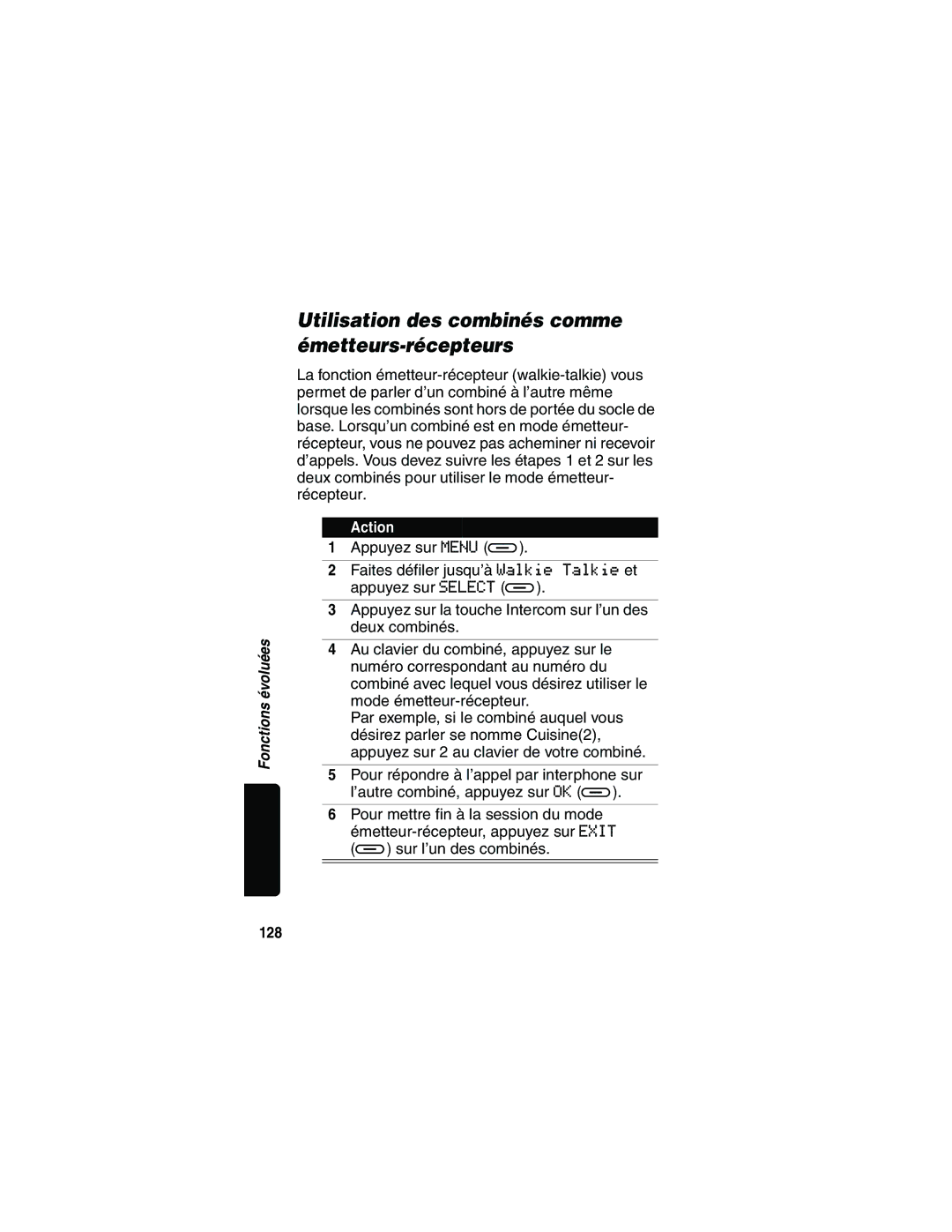 Motorola MD481 manual Utilisation des combinés comme émetteurs-récepteurs, 128 