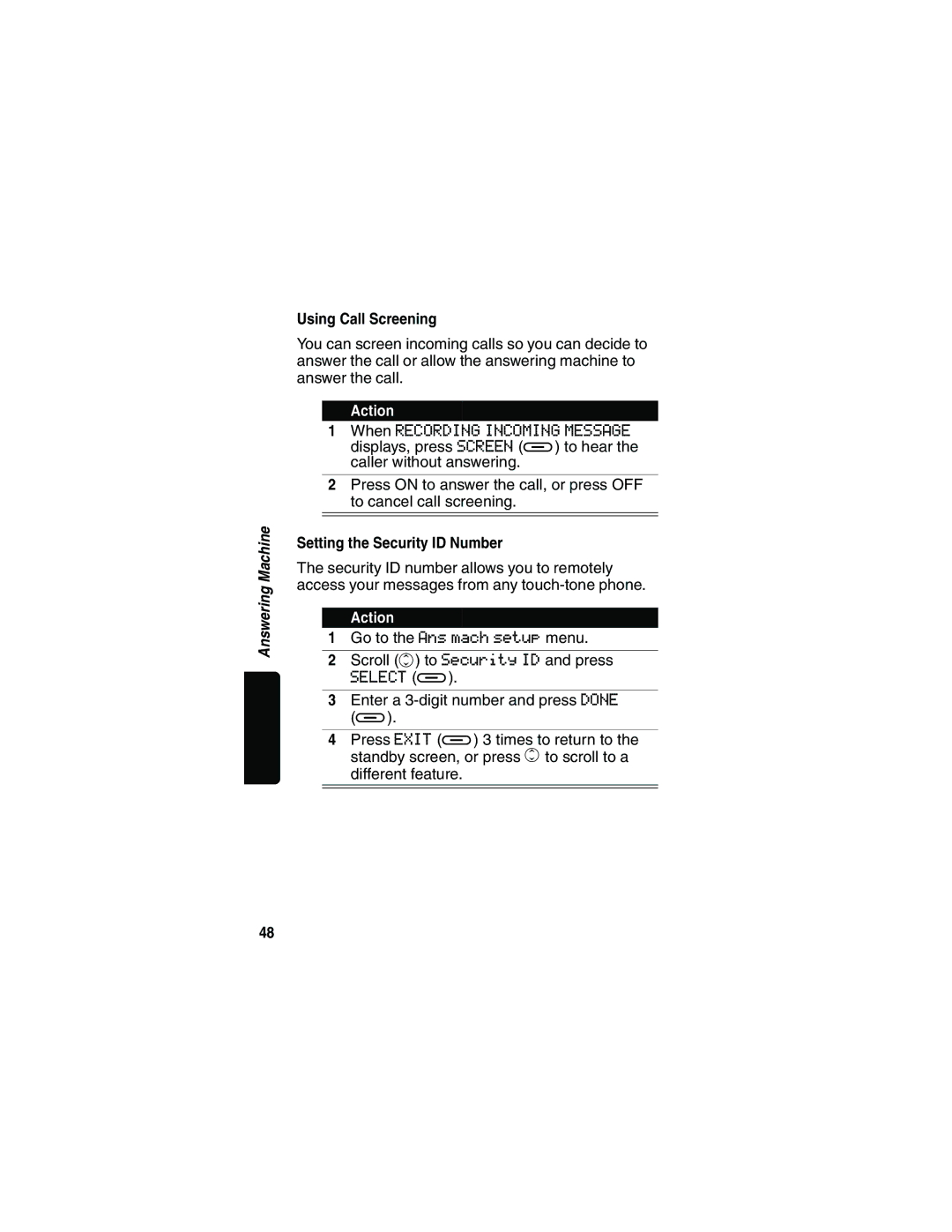 Motorola MD481 manual Using Call Screening, Setting the Security ID Number 