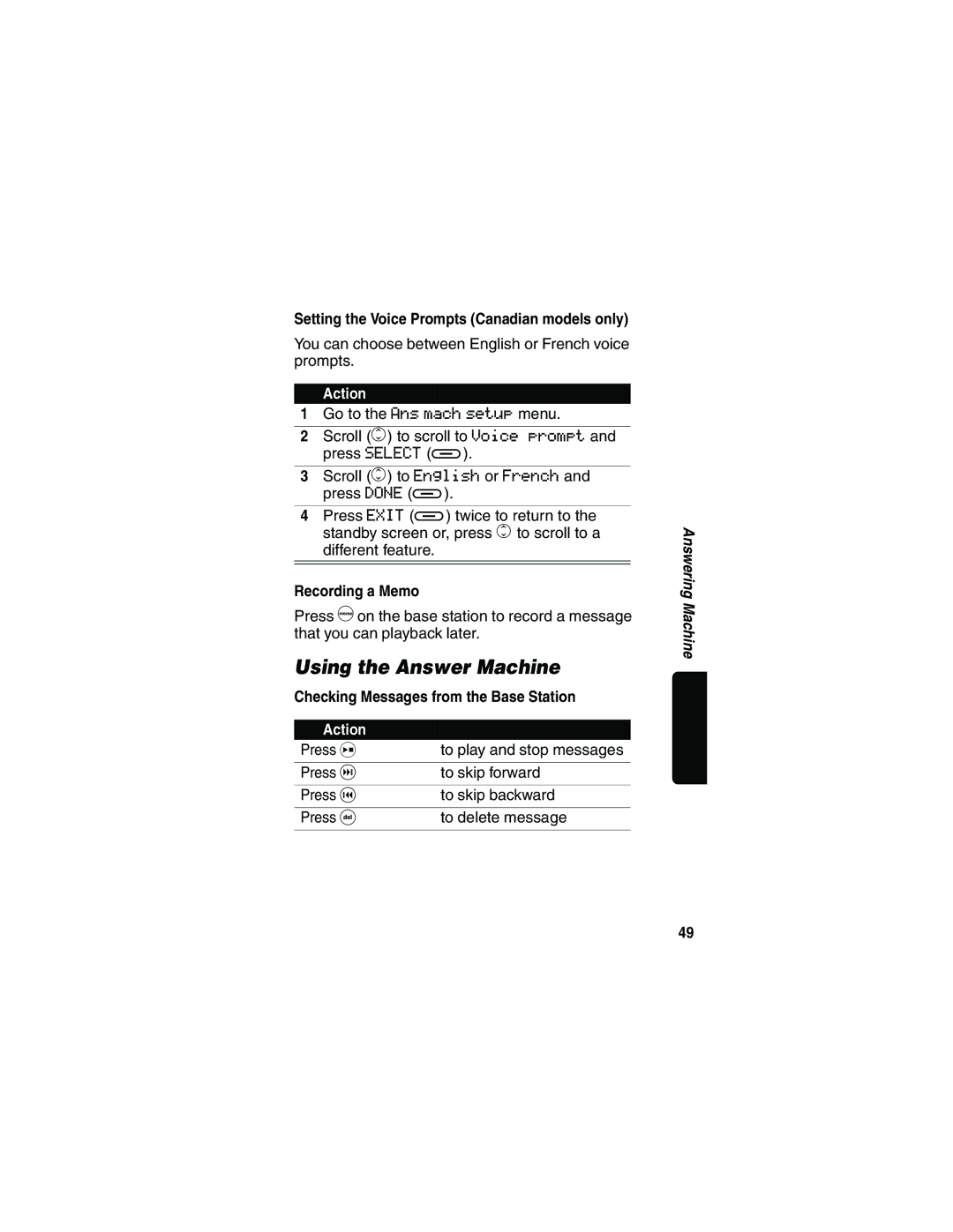 Motorola MD481 manual Using the Answer Machine, Setting the Voice Prompts Canadian models only, Recording a Memo 