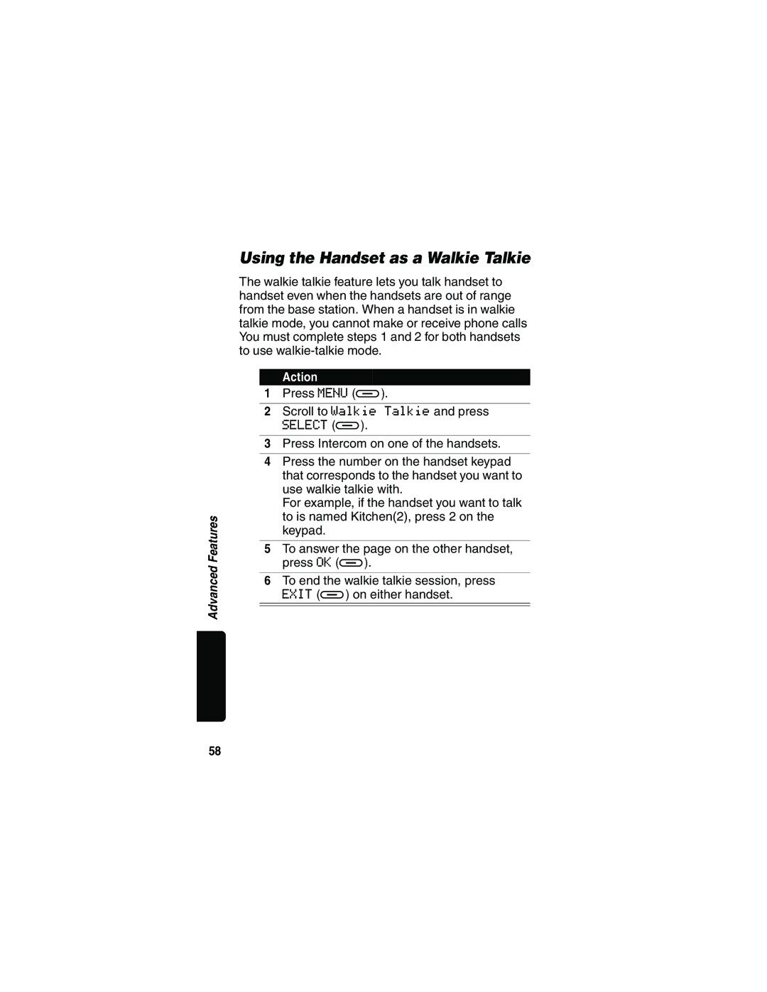 Motorola MD481 manual Using the Handset as a Walkie Talkie 