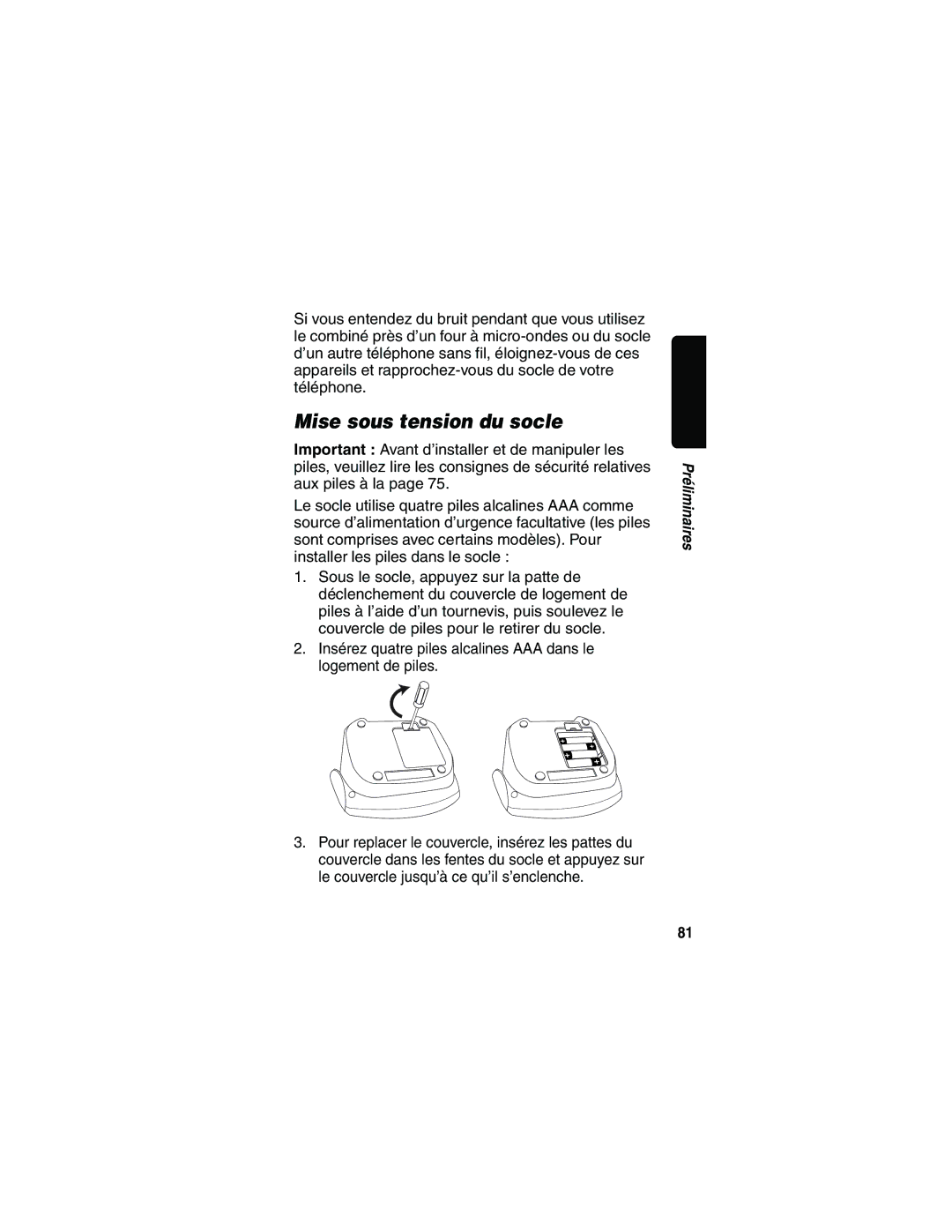 Motorola MD481 manual Mise sous tension du socle 