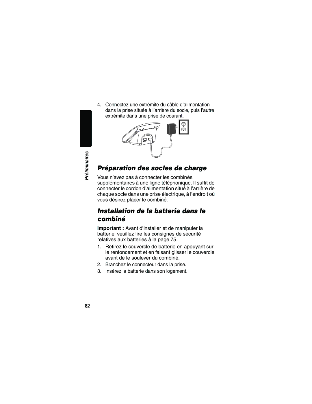 Motorola MD481 manual Préparation des socles de charge, Installation de la batterie dans le combiné 