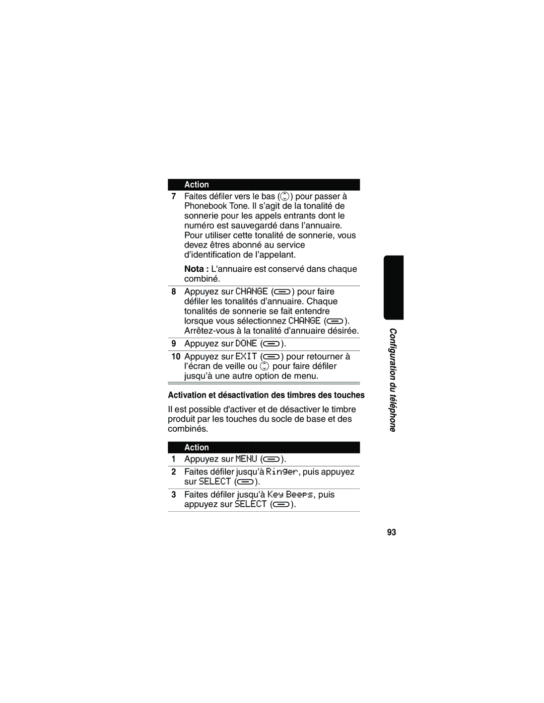 Motorola MD481 manual Activation et désactivation des timbres des touches 