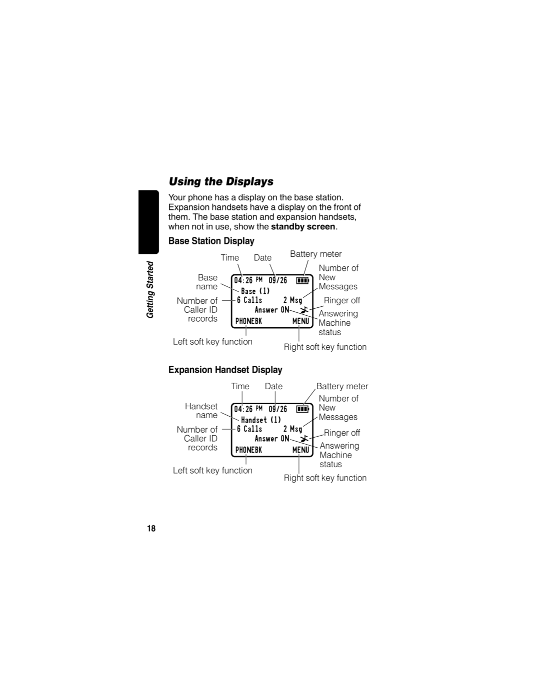 Motorola MD490 manual Using the Displays, Base Station Display, Expansion Handset Display 