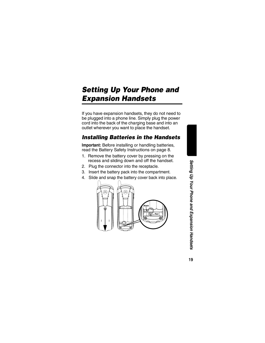 Motorola MD490 manual Setting Up Your Phone and Expansion Handsets, Installing Batteries in the Handsets 