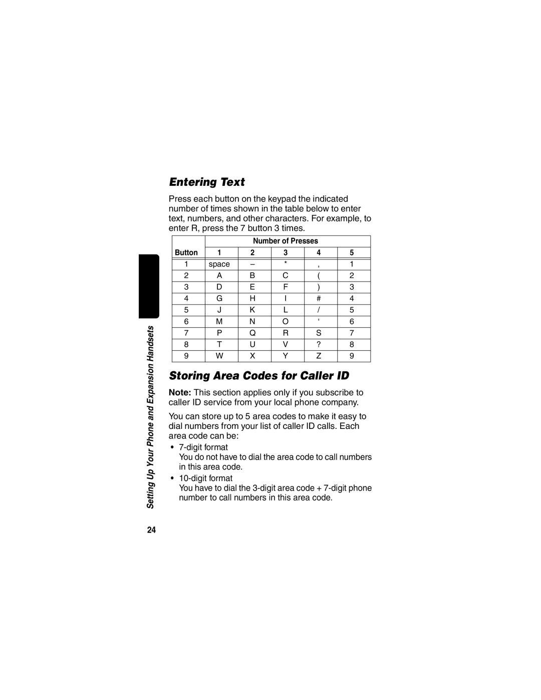 Motorola MD490 manual Entering Text, Storing Area Codes for Caller ID 