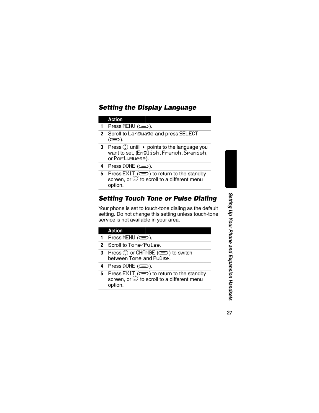 Motorola MD490 manual Setting the Display Language, Setting Touch Tone or Pulse Dialing 