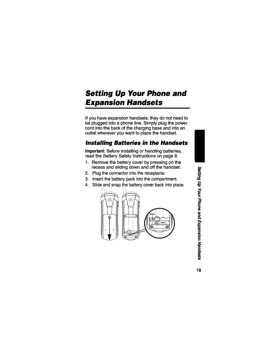Motorola MD490 manual Setting Up Your Phone and Expansion Handsets, Installing Batteries in the Handsets 