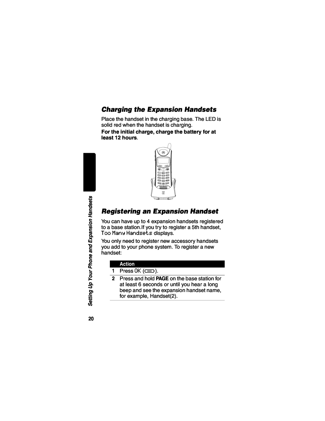 Motorola MD490 manual Charging the Expansion Handsets, Registering an Expansion Handset, Action 