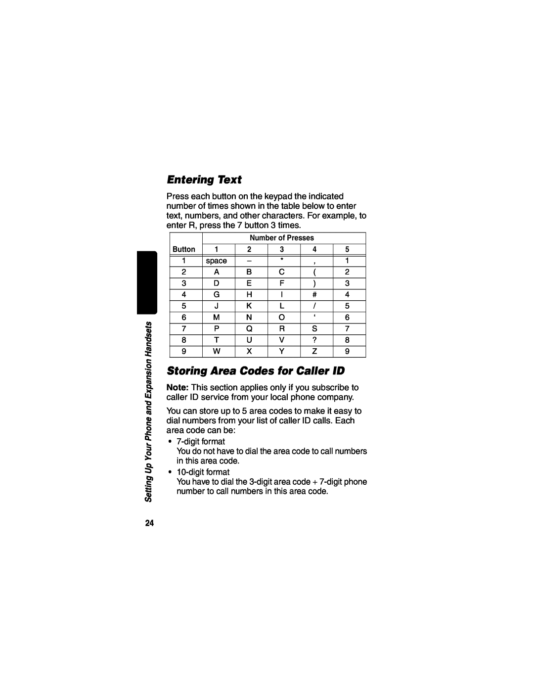 Motorola MD490 manual Entering Text, Storing Area Codes for Caller ID 