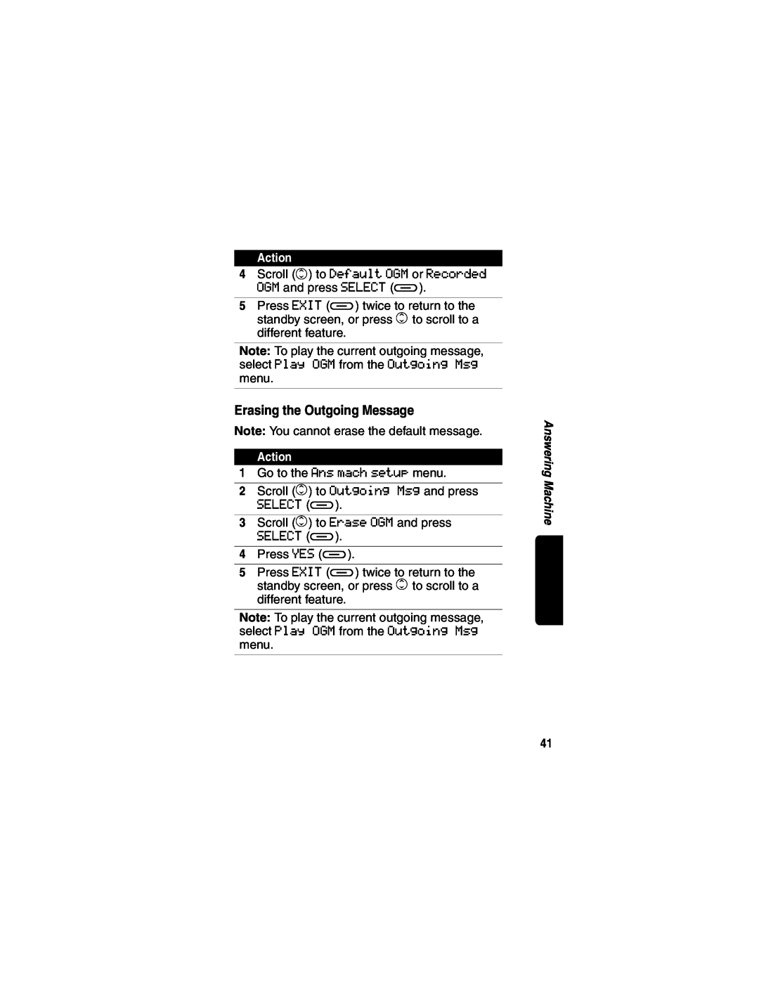 Motorola MD490 manual Erasing the Outgoing Message, Action 