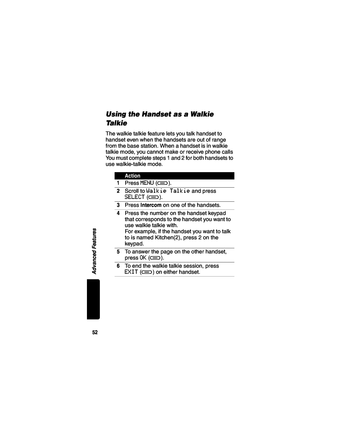 Motorola MD490 manual Using the Handset as a Walkie Talkie, Action 