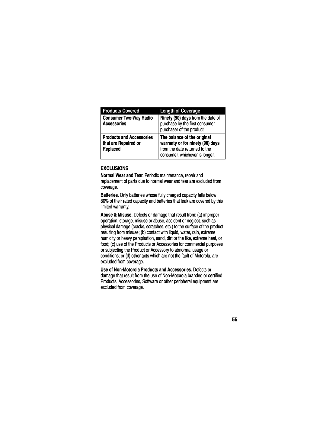 Motorola MD490 manual Accessories, purchaser of the product, that are Repaired or, Replaced, Exclusions, Products Covered 