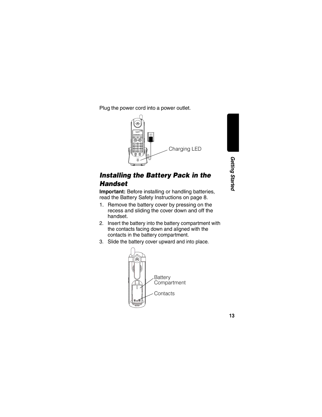 Motorola MD60 Series manual Installing the Battery Pack in the Handset 