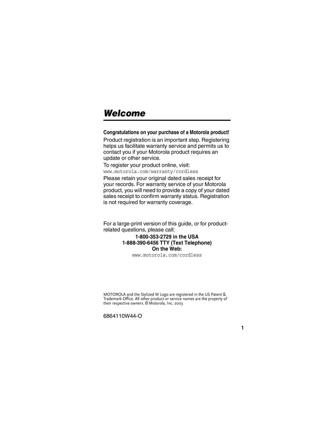 Motorola MD60 Series manual Welcome, USA TTY Text Telephone On the Web 