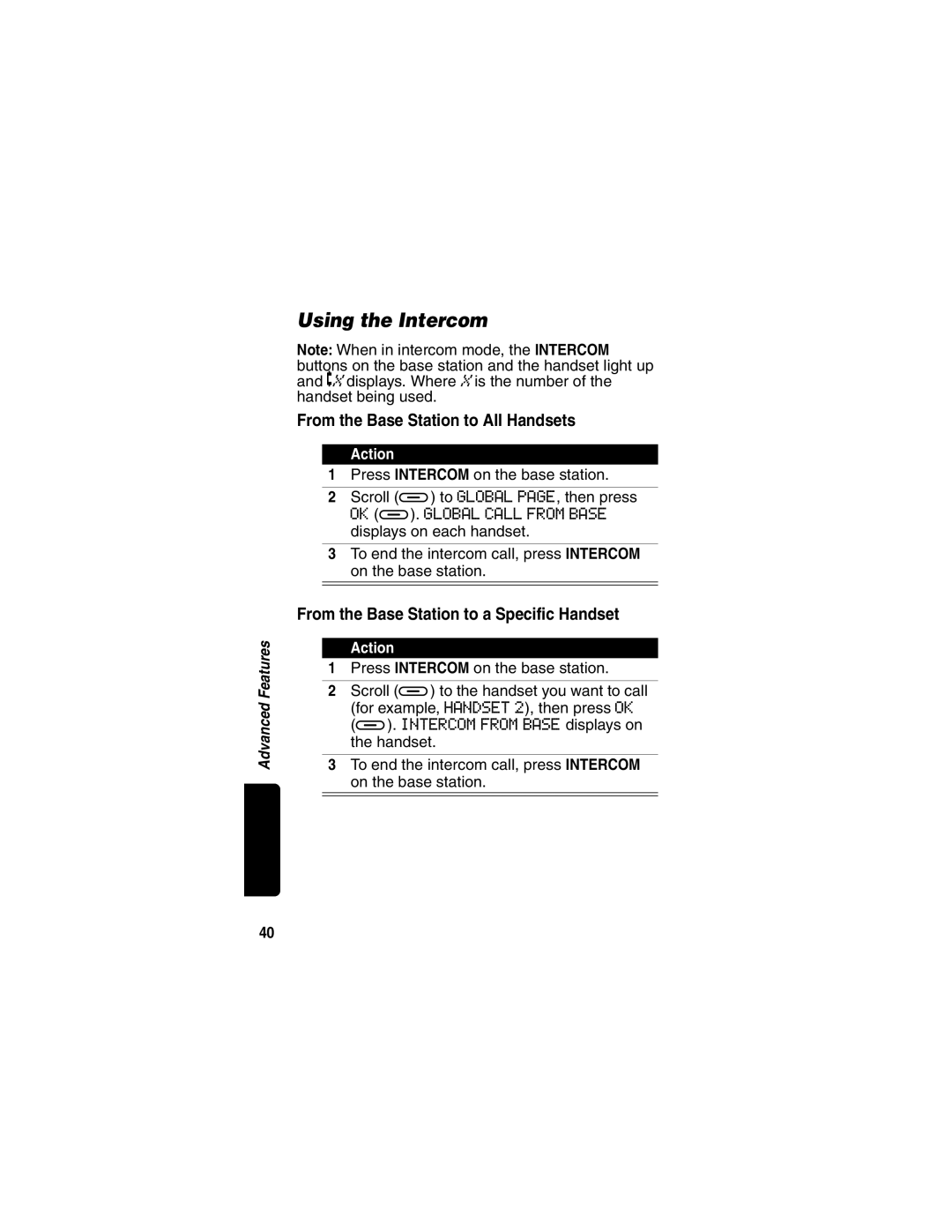 Motorola MD60 Series manual Using the Intercom, From the Base Station to All Handsets 