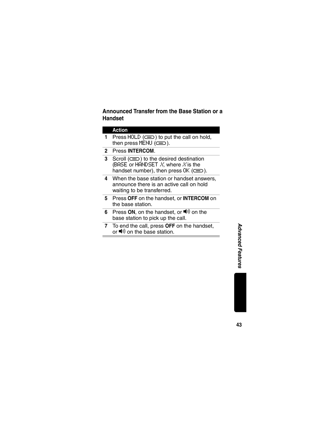 Motorola MD60 Series manual Announced Transfer from the Base Station or a Handset, Press Intercom 