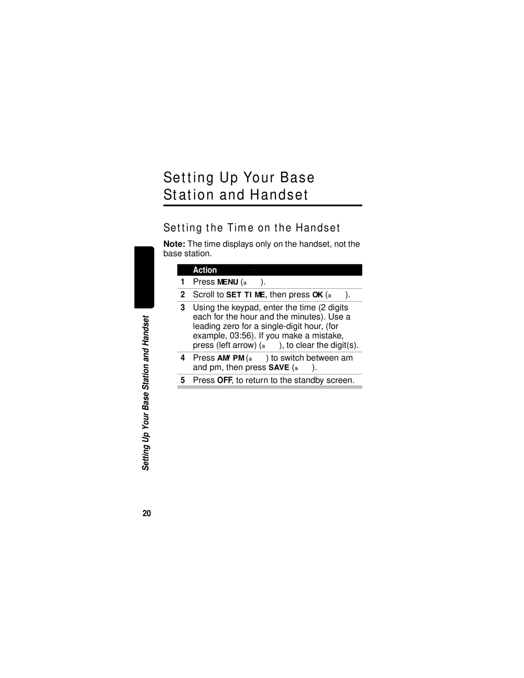 Motorola MD670 Series manual Setting Up Your Base Station and Handset, Setting the Time on the Handset 