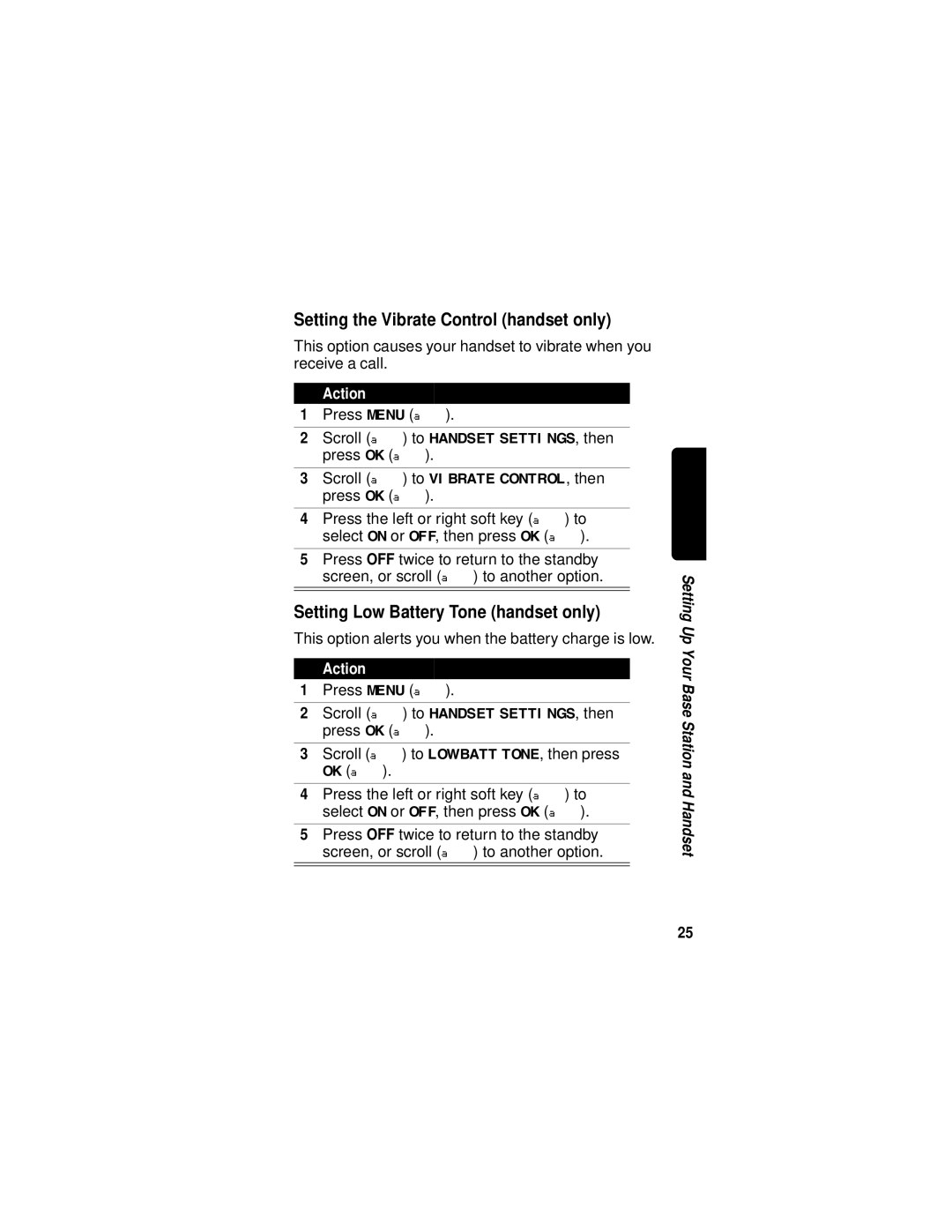 Motorola MD670 Series manual Setting the Vibrate Control handset only, Setting Low Battery Tone handset only 