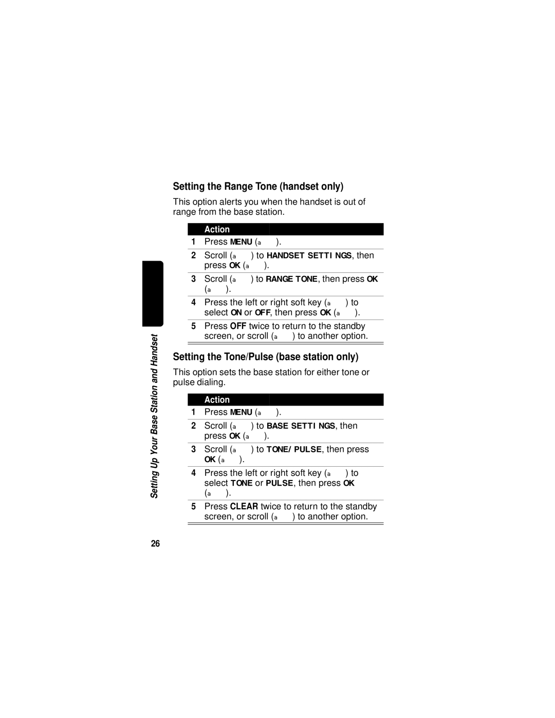 Motorola MD670 Series manual Setting the Range Tone handset only, Setting the Tone/Pulse base station only 