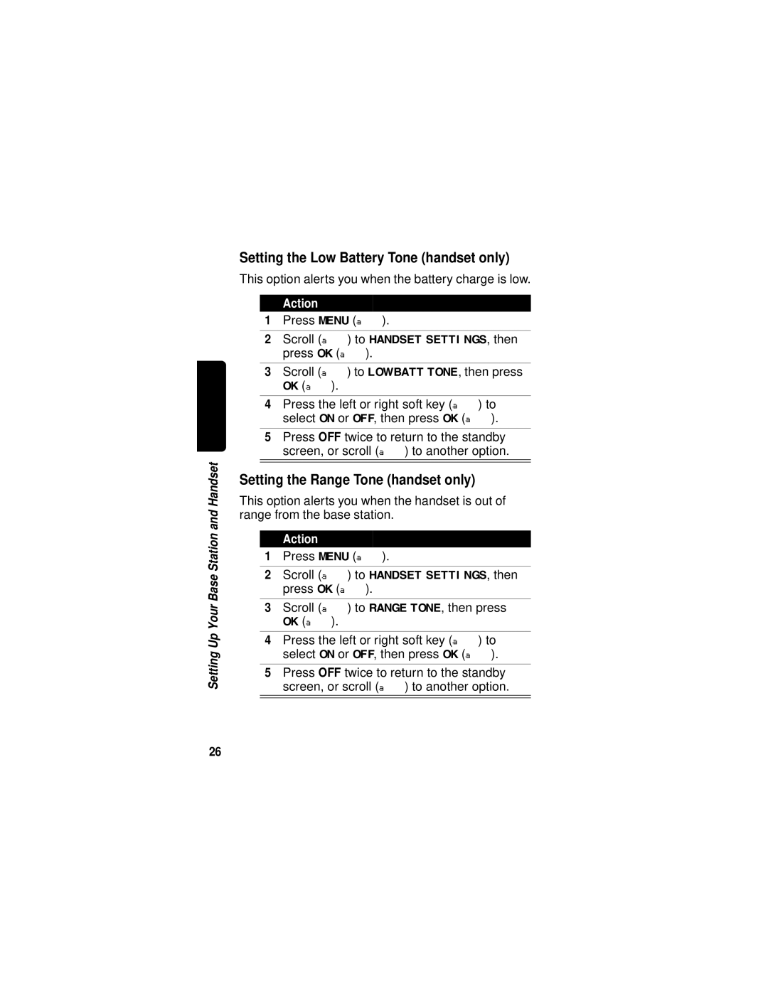 Motorola MD680 manual Setting the Low Battery Tone handset only, Setting the Range Tone handset only 