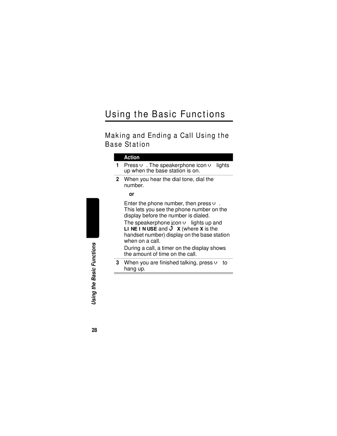 Motorola MD680 manual Using the Basic Functions, Making and Ending a Call Using the Base Station 