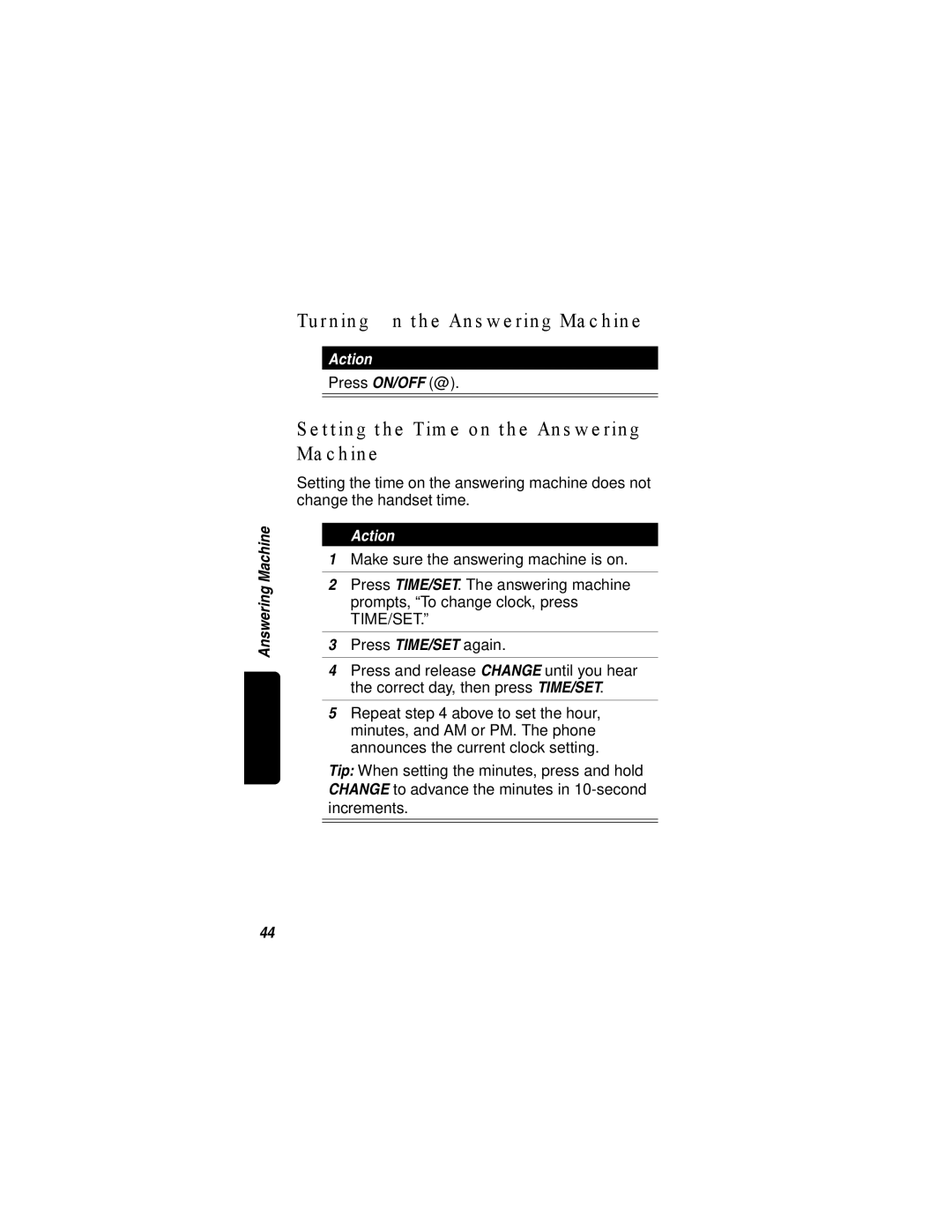 Motorola MD680 manual Turning On the Answering Machine, Setting the Time on the Answering Machine 