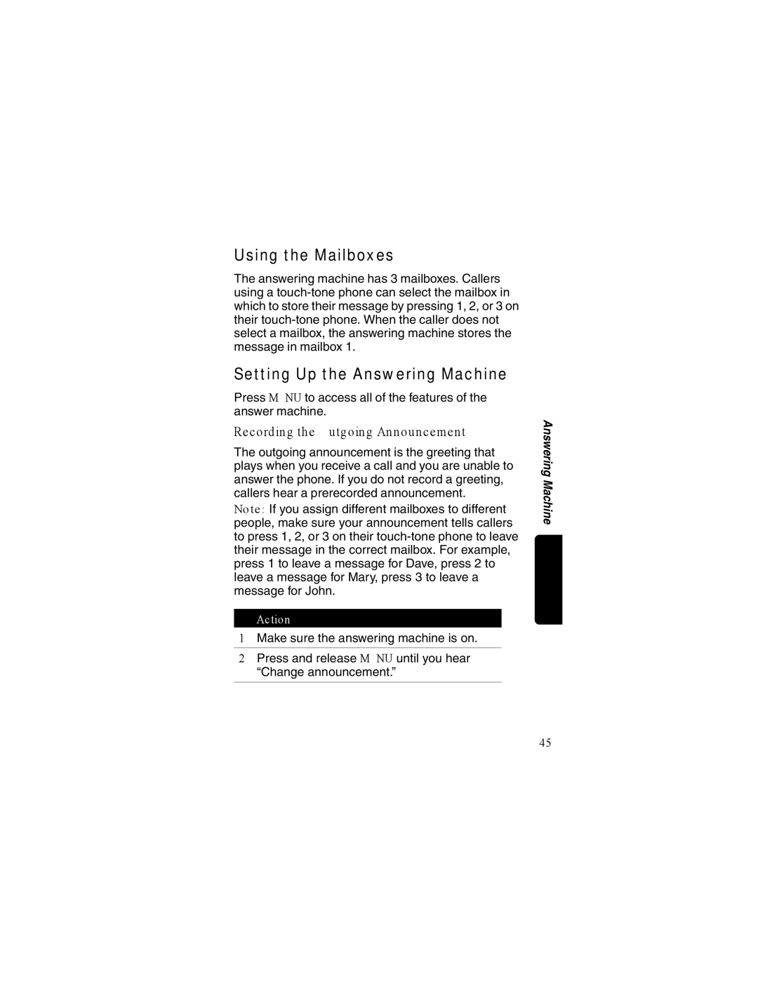 Motorola MD680 manual Using the Mailboxes, Setting Up the Answering Machine, Recording the Outgoing Announcement 