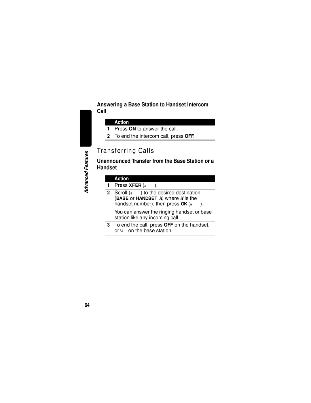 Motorola MD680 manual Transferring Calls, Answering a Base Station to Handset Intercom Call 