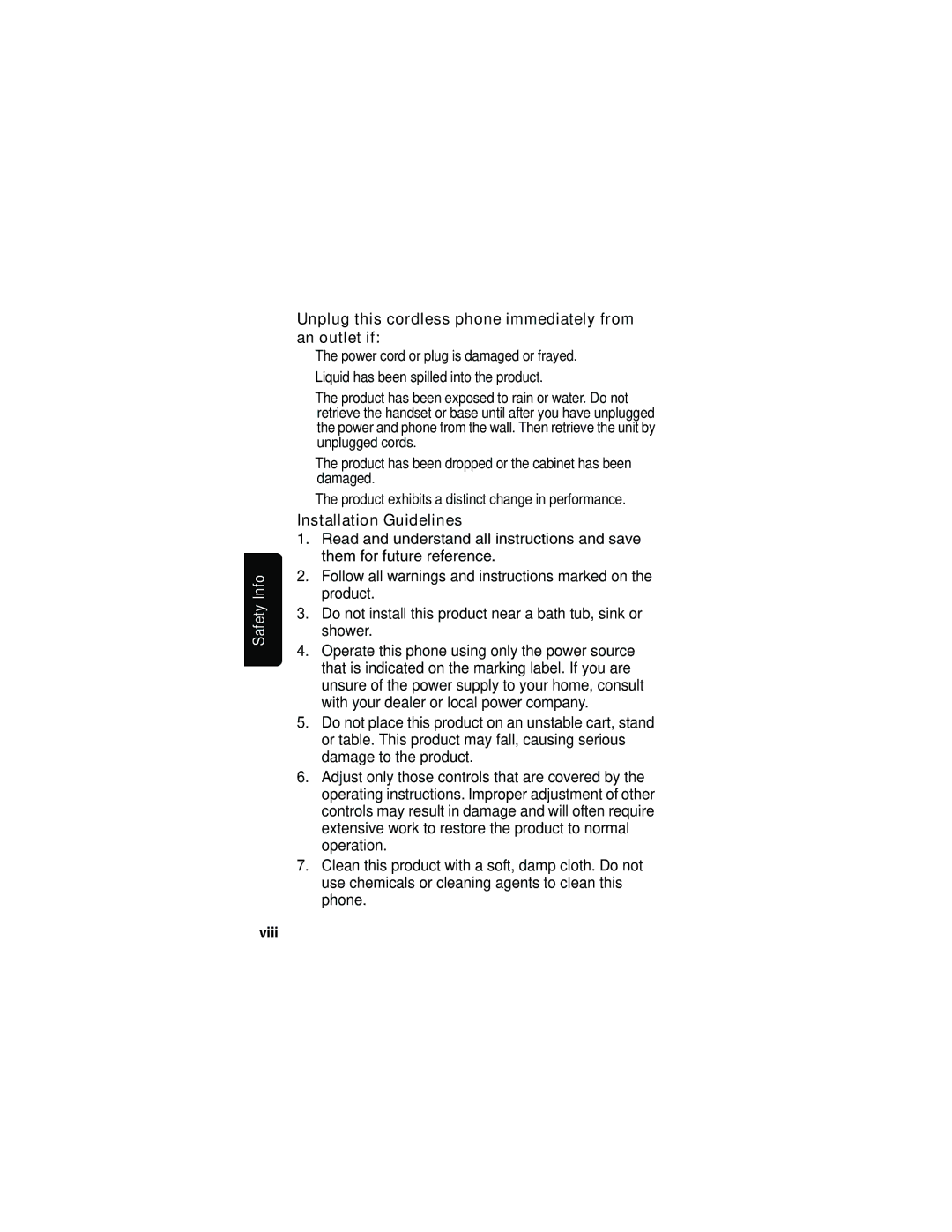 Motorola MD70 manual Viii, Unplug this cordless phone immediately from an outlet if, Installation Guidelines 