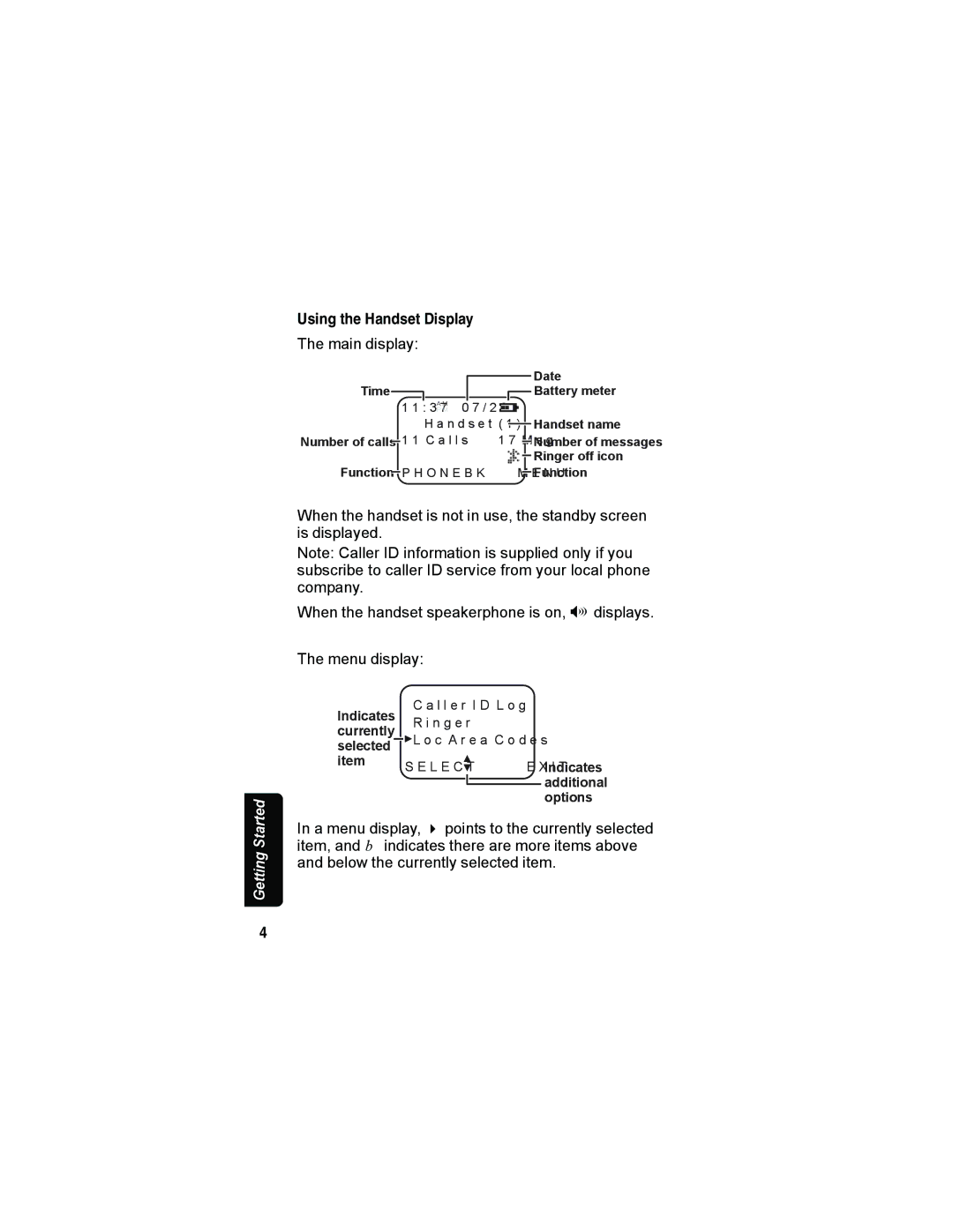 Motorola MD70 manual Using the Handset Display, Main display 