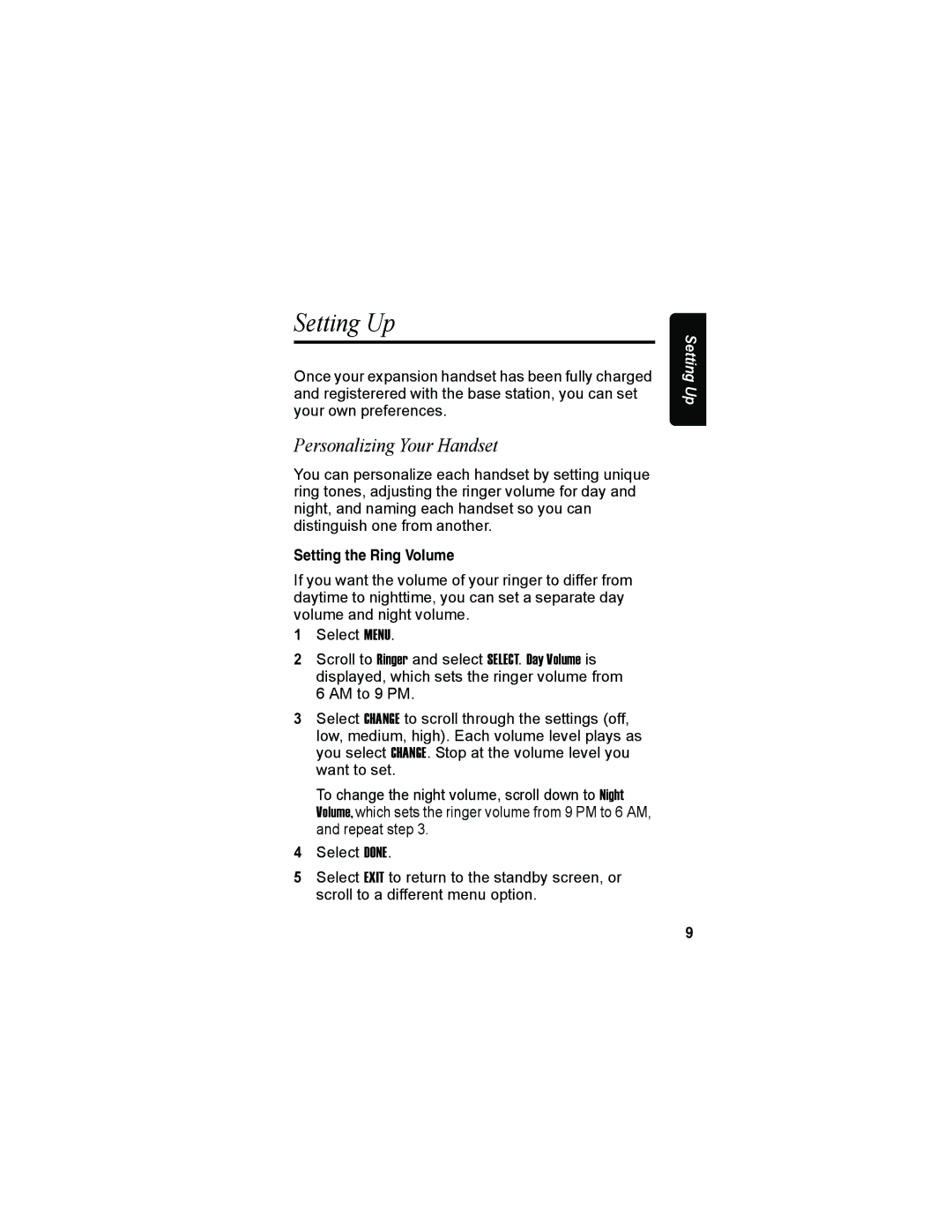 Motorola MD70 manual Setting Up, Personalizing Your Handset, Setting the Ring Volume 